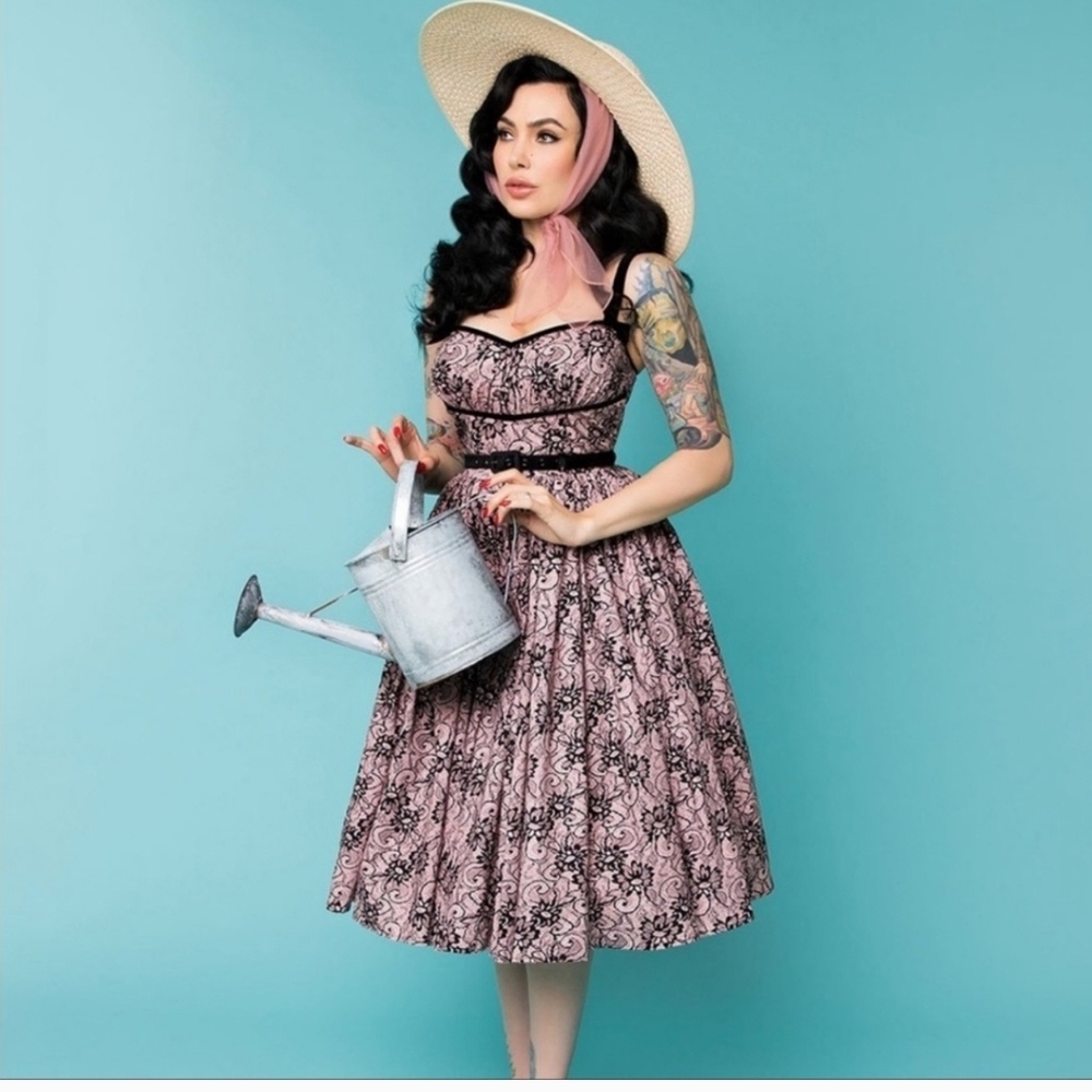 Unique Vintage x Micheline Pitt Collab 50s Style Pink & Black Lace Dress